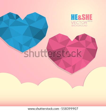 Two polygonal hearts symbol of man and woman isolated on light pink background with clouds and the inscription