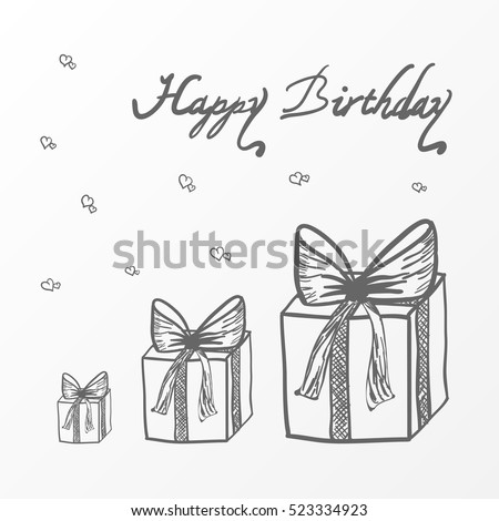 Birthday Card With Gift Boxes Vector Sketch Illustration Happy Hand Drawn Design