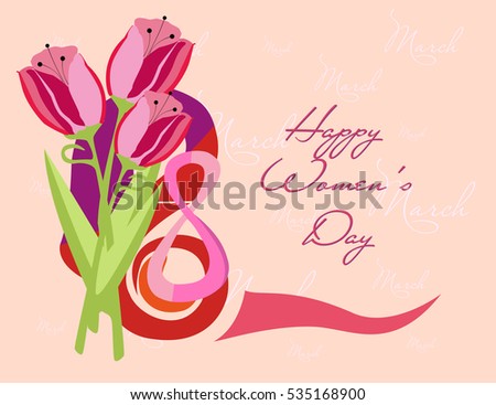 Beautiful card for the holiday March 8 with delicate tulips to the International Women's Day. Congratulations on Mother's Day. Beautiful flowers on a pink background. Bouquet for the girlfriend.
