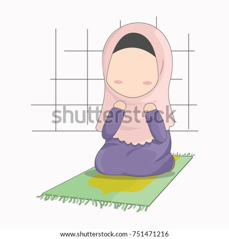 Praying Muslim Girlgirl Cartoon Character Without Stock 