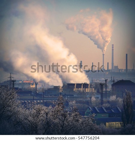 Smoking stack from lignite power plant. Digital artwork on air pollution and climate change theme.
