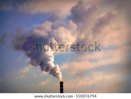 Smoking stack from lignite power plant. Digital artwork on air pollution and climate change theme. Industrial background.