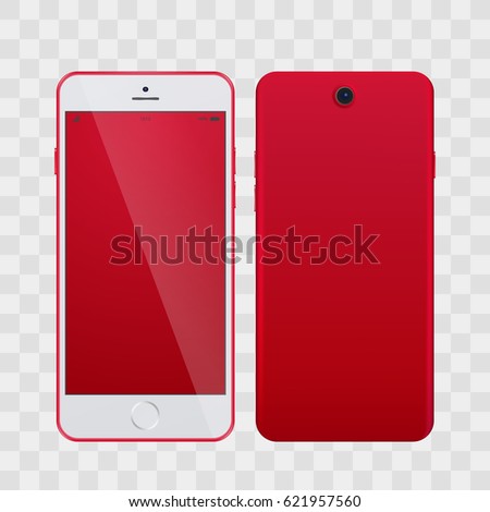 High Detailed Realistic Red Smartphone with Blank Screen isolated on transparent Background. Smartphone, phone realistic vector illustration. Mobile phone, samartphone mockup with blank screen.