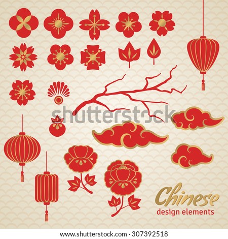 Chinese Decorative Icons, Clouds, Flowers and Chinese Lights. Vector Illustration. Sakura Branch. Peony Flowers. Chinese Lantern.
