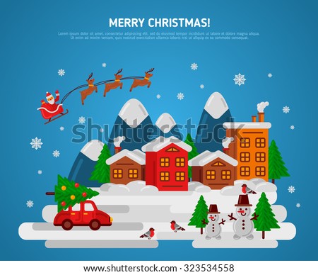 Winter Evening Village Street with Flying Sledge Reindeer and Santa, Car and Snowman. Vector Illustration. Bullfinch, Christmas Tree with Balls. Mountains Town Flat Landscape, Christmas Holidays