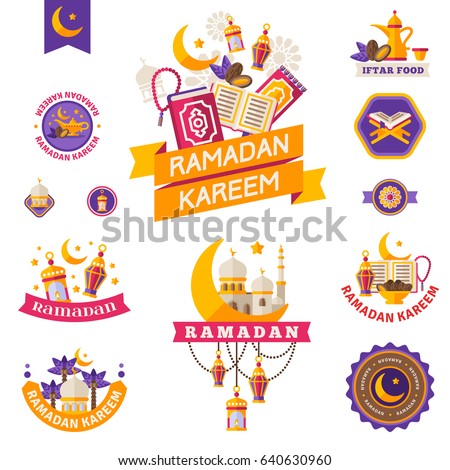 Set Of Vintage Ramadan Kareem Badges and Labels. Ribbons, Flat Icons and Other Elements. Vector illustration. Eid Mubarak. Quran, Traditional Lanterns, Dates, Iftar food, Crescent and stars
