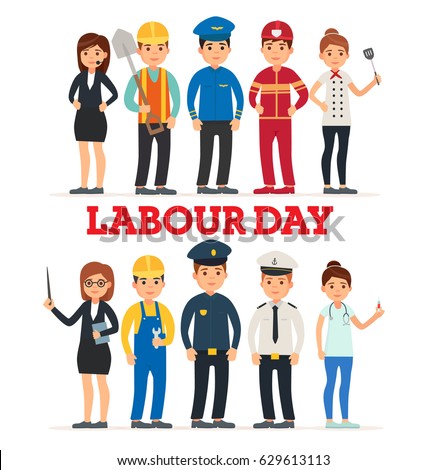 A Group Of People Of Different Professions. Set of occupations. Labour Day On 1 May. Logo. Emblem. Banner. Labor day. Vector images in cartoon style