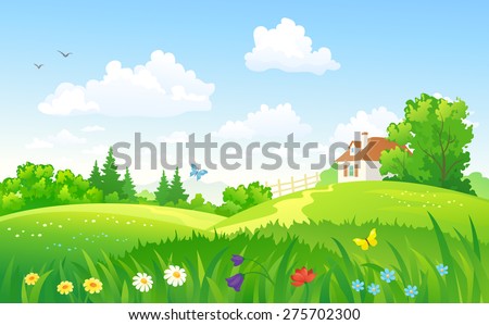 Vector illustration of beautiful summer landscape with a home