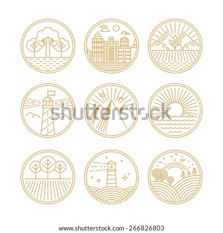 Vector linear icons and logo design elements with landscapes - travel concepts