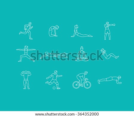 Vector set of linear sport icons and illustrations in trendy mono line style - people exercising - man and woman concepts - running, boxing, doing yoga, swimming