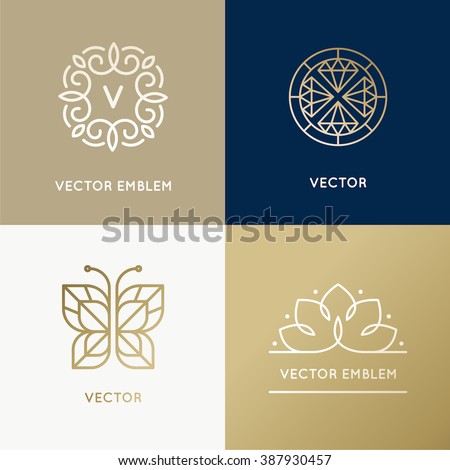 Vector abstract modern logo design templates in trendy linear style in golden colors - luxury and jewelry concepts for exclusive services and products, beauty and spa industry