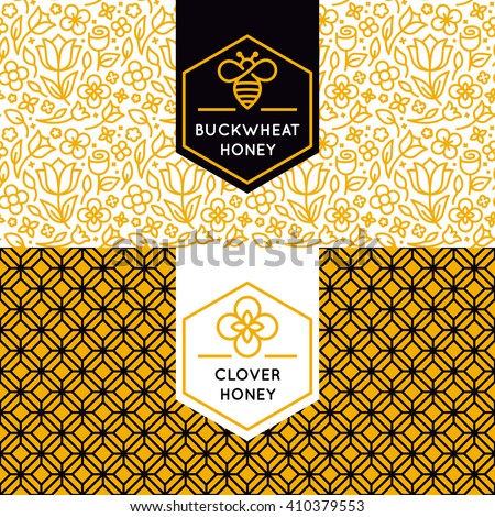 Vector logo and packaging design templates in trendy linear style - natural and farm honey packaging - labels and tags with floral seamless patterns