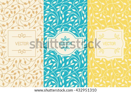 Vector set of design elements, borders and frames, seamless patterns for natural cosmetics or beauty product packaging - abstract backgrounds with flowers and leaves