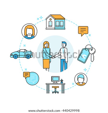 Vector illustration in trendy flat linear style - sharing economy and collaborative consumption concept and infographic elements - peer to peer lending and renting - carsharing, coworking, coliving