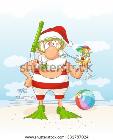 Santa Claus on Summer Holiday Vector Cartoon - Santa Claus on a beach holding a tropical cocktail