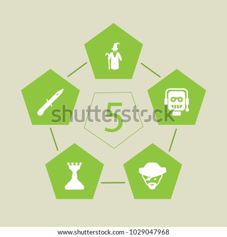 Set of 5 game icons set. Collection of strategy, pirate, infantry knife and other elements.