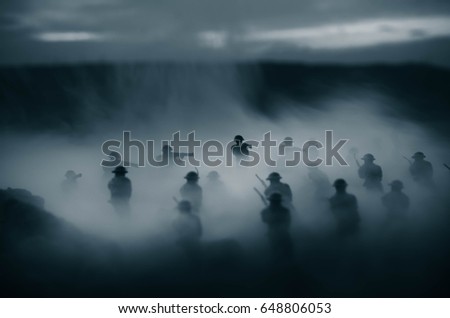 War Concept. Military silhouettes fighting scene on war fog sky background, World War Soldiers Silhouettes Below Cloudy Skyline At night. Attack scene. Armored vehicles. Tanks battle. Decoration