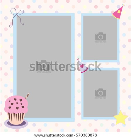 Happy Birthday photo frame and postcard with a celebratory cap and cupcake. Colorful polka dots in pastel colors background vector. Template for children's photo album or postcard.