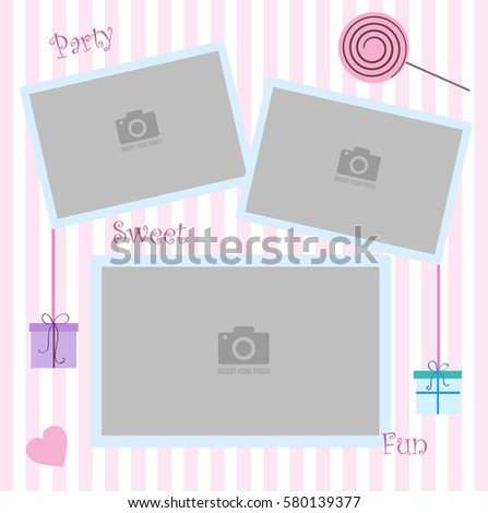Happy Birthday photo frame and postcard. Decorations for birthday party. Pink and white stripe background vector. Template for children's photo album or postcard