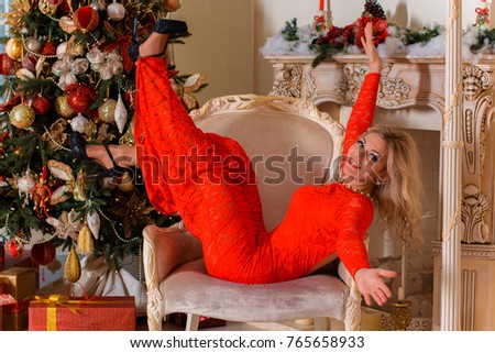 Beautiful Woman In Evening Dress Young Lady Female Near Big X Mas Fir Beautiful Woman In Evening Dress Young Lady Female Near Big X Mas Fir