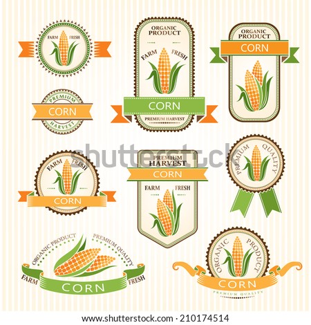 Corn labels. Vegetables color package decorations set.