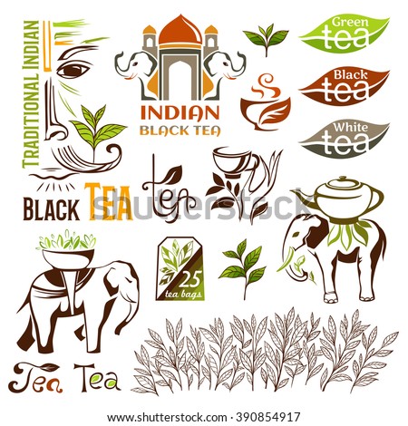 Indian, green and black tea emblems. Decorative elements for package design. Vector logo collection.