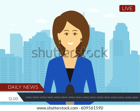 Female News Reporter With City Background Flat Illustration Female News Reporter With City Background Flat Illustration