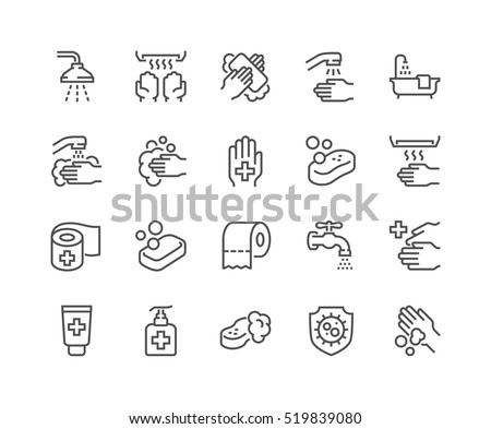 Simple Set of Hygiene Related Vector Line Icons. Contains such Icons as Washing Hands, Shower, Antibacterial Soap and more. Editable Stroke. 48x48 Pixel Perfect.