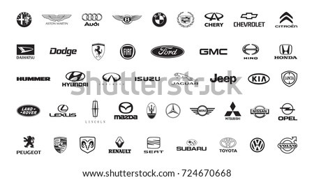 Moscow, Russia - July 21, 2017: Collection of popular car logos, printed on paper in black inks