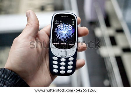 Moscow, Russia - May 17, 2017: Mobile phone Nokia 3310 in hand.