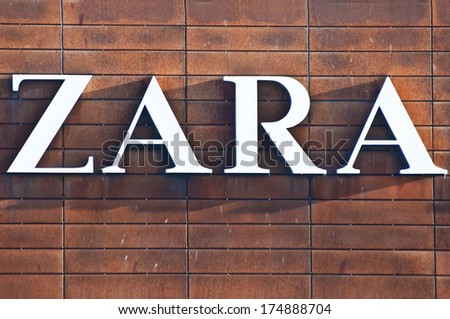 KLAIPEDA - FEBRUARY 4: ZARA logo on February 4, 2014 in Klaipeda, Lithuania. Zara is a Spanish clothing and accessories retailer.