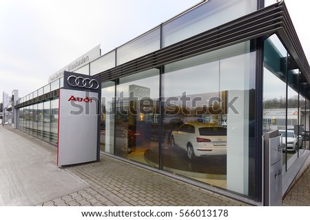 WIESBADEN, GERMANY- JAN 26: AUDI car showroom and logo on January 26, 2017 in Wiesbaden, Germany.