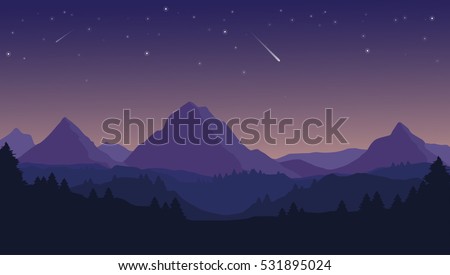 Landscape with silhouettes of blue mountains, hills and forest and beautiful night sky with stars