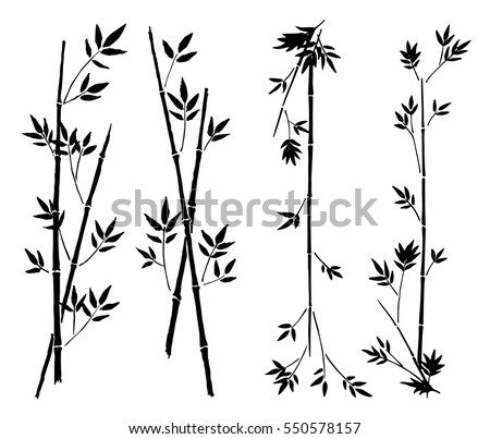 Hand painted asian traditional black ink decorative bamboo borders on white background - vector illustration