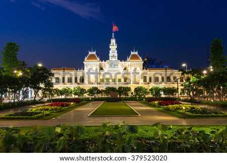 City Hall building at night, Ho Chi Minh City, Vietnam.