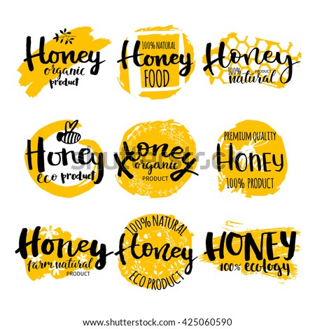 Set of vector hand drawn writing honey logo, label, badge in modern ink calligraphy style. Natural bee products. Yellow spot of honey with the bee and honeycomb logo