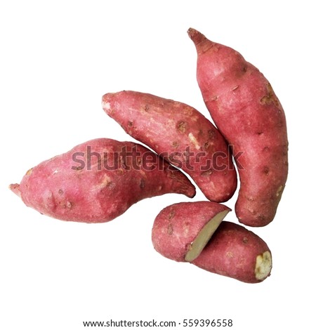 Sweet potato / yam isolated on white, flat layout / top view, close up, image ratio 1 x 1 (square)