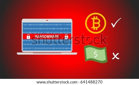 Illustration of bitcoin is the accepted currency to pay the 'wannacry' ransomware.