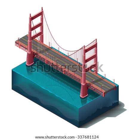 Vector icons set. Bridge over the river,design, unit structure. 3d concept top view. San Francisco Golden Gate Bridge. California landmarks