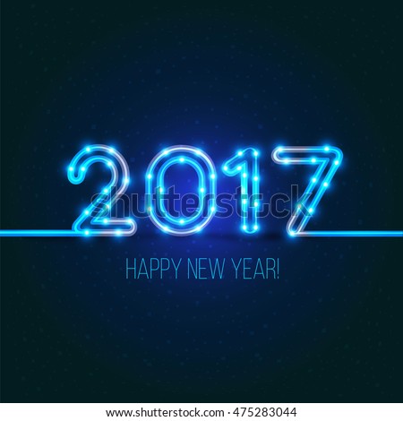 New Year's design. 2017 the year of fire rooster.Vector neon figures with lights. Greeting card background.