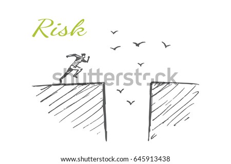 A man wants to jump over the abyss. Vector concept illustration. Hand drawn sketch. Lettering risk.
