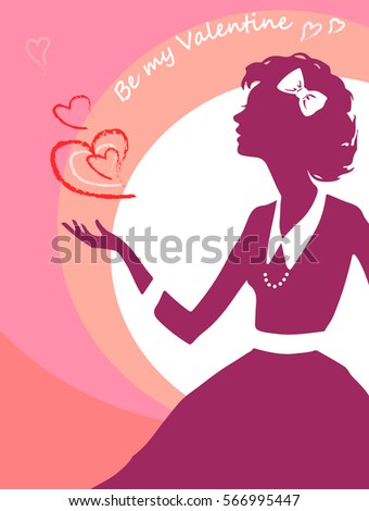 Valentines card with silhouette of lady, isolated on mixed pink and white background, with signs of heart, in warm colors. Vector hand drawing.