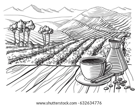 Coffee Plantation Landscape Table Cup Sack Stock Vector 632634776