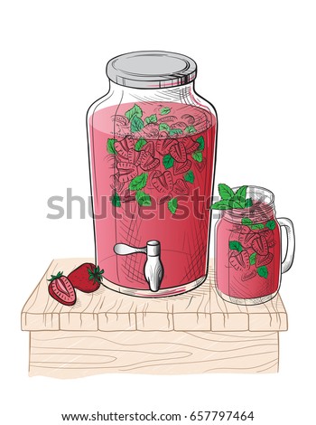 Vector home made lemonade with strawberry and slice of lemon illustration. Hand drawn sketch of soft drink for restaurant, bar, cafe menu design
