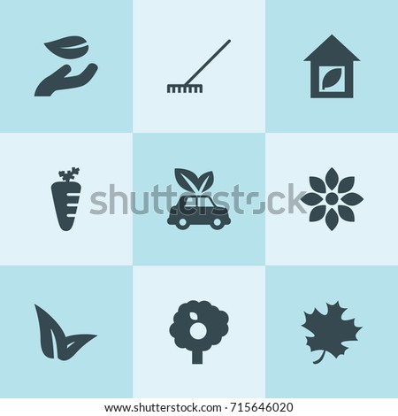 Set of 9 leaf filled icons such as rake, flower, leaf in hand, fruit tree, carrot, eco car