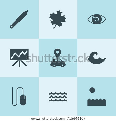 Set of 9 curve filled icons such as suspension, car pin, acer leaf, eye, line graph on board, mouse, sea