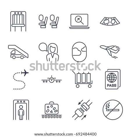 Airport icon set. Universal airport and air travel icons: airplane,baggage, boarding, flight, passport, security, takeoff, air way, seat belts, no smoking. Vector illustration Editable stroke