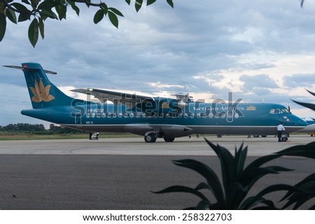 Dak Lak, August 1 2011: One ATR 72 airplane of Vietnam Airlines prepare to take off in Buon Ma Thuot Airport, Dak Lak, Viet Nam.