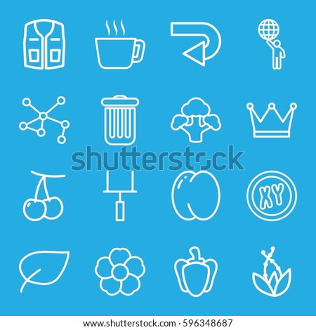 green icons set. Set of 16 green outline icons such as peach, cherry, sleeveless shirt, flower, broccoli, pepper, connection, trash bin, goal post, back arrow, leaf