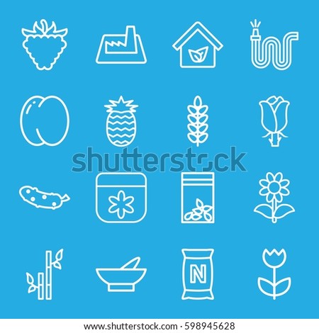 plant icons set. Set of 16 plant outline icons such as peach, bowl, flower, bamboo, cucumber, water hose, raspberry, rose, bag with ground, seed bag, factory, eco house